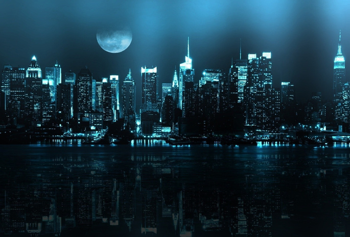 город, ночь, отражение, небоскрёбы