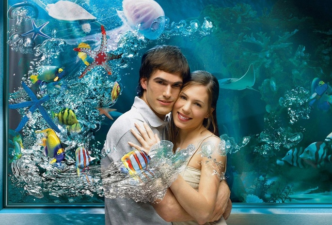девушка, парень, аквариум, рыбы, красиво, вода, рендеринг