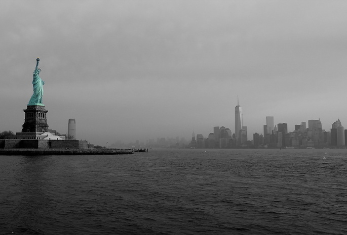 город, залив, море, океан, статуя, Свобода, отражение, Америка, New-York, река, огни, вечер, Нью-Йорк, USA