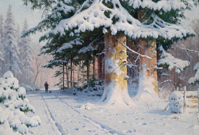 лес, деревья, снег, человек, картина