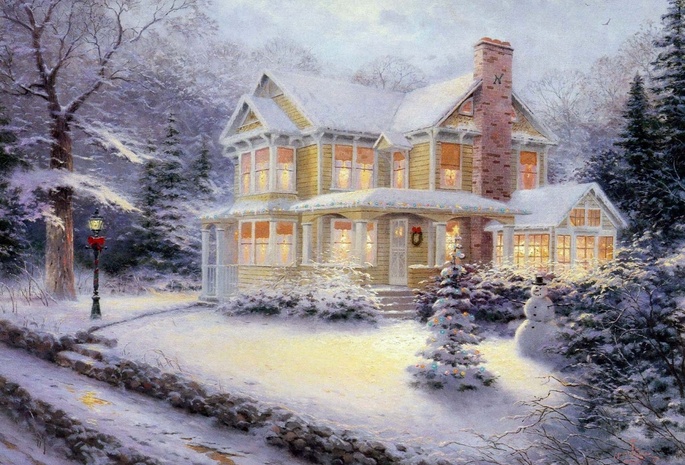 снег, дом, деревья, елка, снеговик, живопись, Thomas Kinkade, victorian christmas