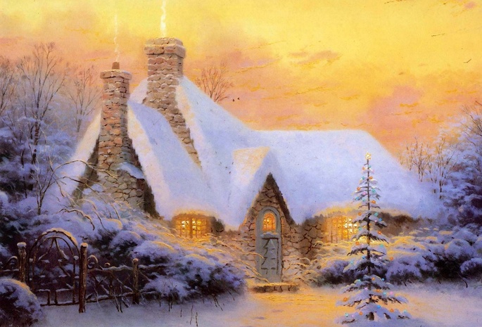 дом, снег, деревья, вечер, Thomas Kinkade, christmas tree cottage