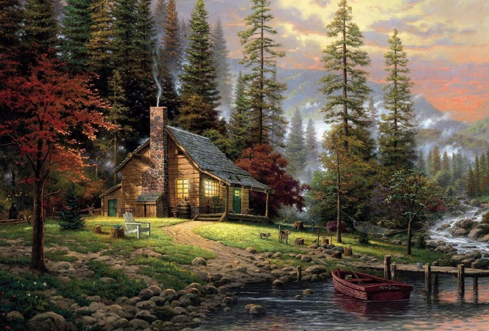 живопись, Thomas Kinkade, дом, деревья, река, лодка, помост, вечер