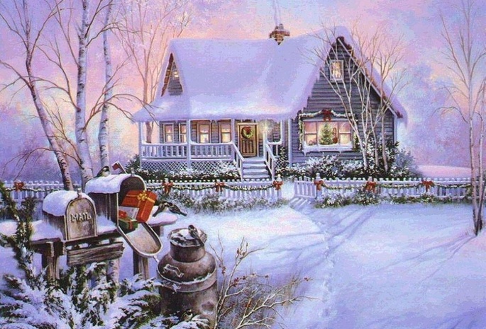 дом, снег, деревья, Thomas Kinkade, живопись