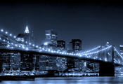 огни, brooklyn bridge, city, небоскребы, вода, New york, мост, ночь, город