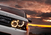 авто, белый, Range rover, горы, закат