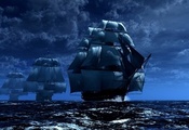паруса, строй, флот, корабли, Море.волны, мачты