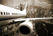 шанхай, крыло, город, Airplane, shanghai, twilight, самолёт, высота