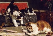 краски, шкатулка, картина, three, Painting, трое, котята, kitten