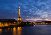 огни, Paris, ночь, река, франция, эйфелева башня, париж