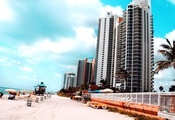 пляж, здания, высокие, город, Miami beach, florida, сша, майами