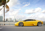 желток, Lamborghini, дорога, пальма, облака, небо, диски