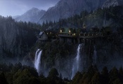 evening, waterfalls, The lord of the rings, rivendell, elven castle, fantas ...
