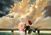 Живопись, роза, цветок, свежесть, облака