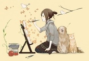 бабочки, рисует, Девочка, кошка, кисть, собака