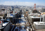 япония, снег, горы, здания, улица, Зима