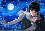 psychic detective yakumo, Аниме, луна, ночь, снег, парень, шарф psychic detective yakumo, Аниме, луна, ночь, снег, парень, шарф