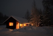 вечер, свет, домик, деревья, снег, Зима