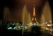 ночь, фонтаны, Франция, париж, эйфелева, башня, огни