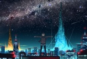 огни, ночь, город, небо, крыша, девочка, Аниме огни, ночь, город, небо, крыша, девочка, Аниме