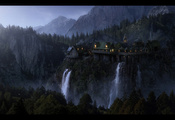Замок, лес, водопад, скалы