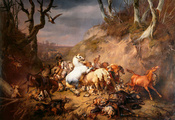Painting, horse, пейзаж, wolves, кони, волки, eagle, орел, люди, свора