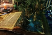 Книга, нож, свеча, вода, дерево, стол, дома, магия, пейзаж
