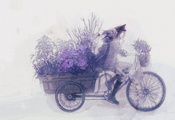 цветы, велосипед, тележка, парень, Аниме