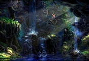 лес, вода, водопад, деревья, птицы, джунгли, лучи, Рисунок