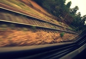 шпалы, лес, Поезд, рельсы, окно, скорость, дорога