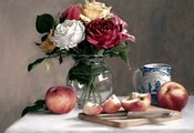 ваза с цветами, Картина, яблоки, натюрморт