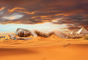 Пустыня, пирамиды, дюны, статуя, верблюды, песок, караван