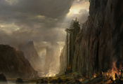 Guild wars 2, пещера, статуя, огни, армия, колос, горы