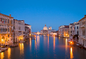 Италия, канал, вечер, огни, венеция, дома