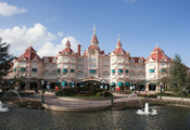 Disneyland, отель, фонтан, париж, диснейленд, небо, замок