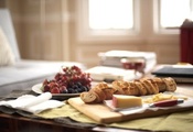 фрукты, сыр, Стол, утро, завтрак, французская булка