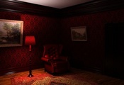 Кресло, ночь, ковер, лампа, свет, комната