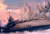 туман, самолет, оружие, Корабль, замок, солдат