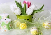 тюльпаны, свечи, пасхальный, яйца, праздник, Цветы