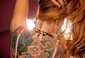 Девушка, шея, спина, украшение, татуировка, волосы