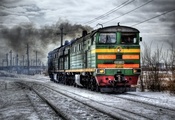 железная дорога, зима, Локомотив, hdr