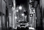 черно-белая, фонари, улица, ночь, Audi