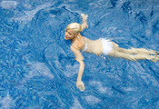 Блондинка, белый, купальник, басейн