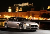 ночь, машина, quattroporte s, Maserati, серебристая