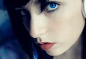 Губы, девушка, наушник, взгляд, голубые глаза