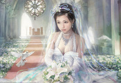 букет, девушка, цветы, невеста, красота, I-chen lin, голуби