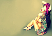 татуировки, Голая, крашеная, пирсинг, девушка