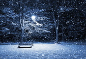снегопад, романтика, скамейка, фонарь, сквер, метель