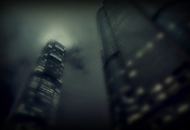 небоскребы, city, окна, свет, Город, тучи, здания, туман