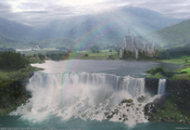 пейзаж, замок, долина, радуга, Ricardo garces, водопад